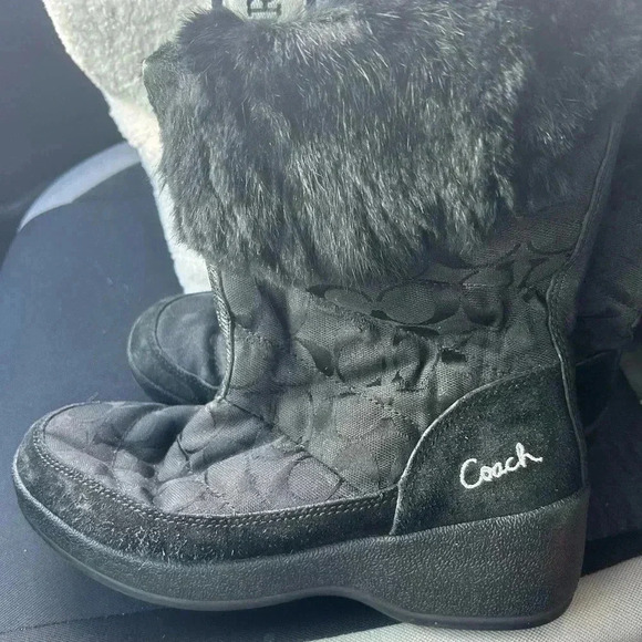 COACH "Faith" Sz 8 Black Monogram Boots w/Rabbit Fur Cuff LOGO - Picture 2 of 6